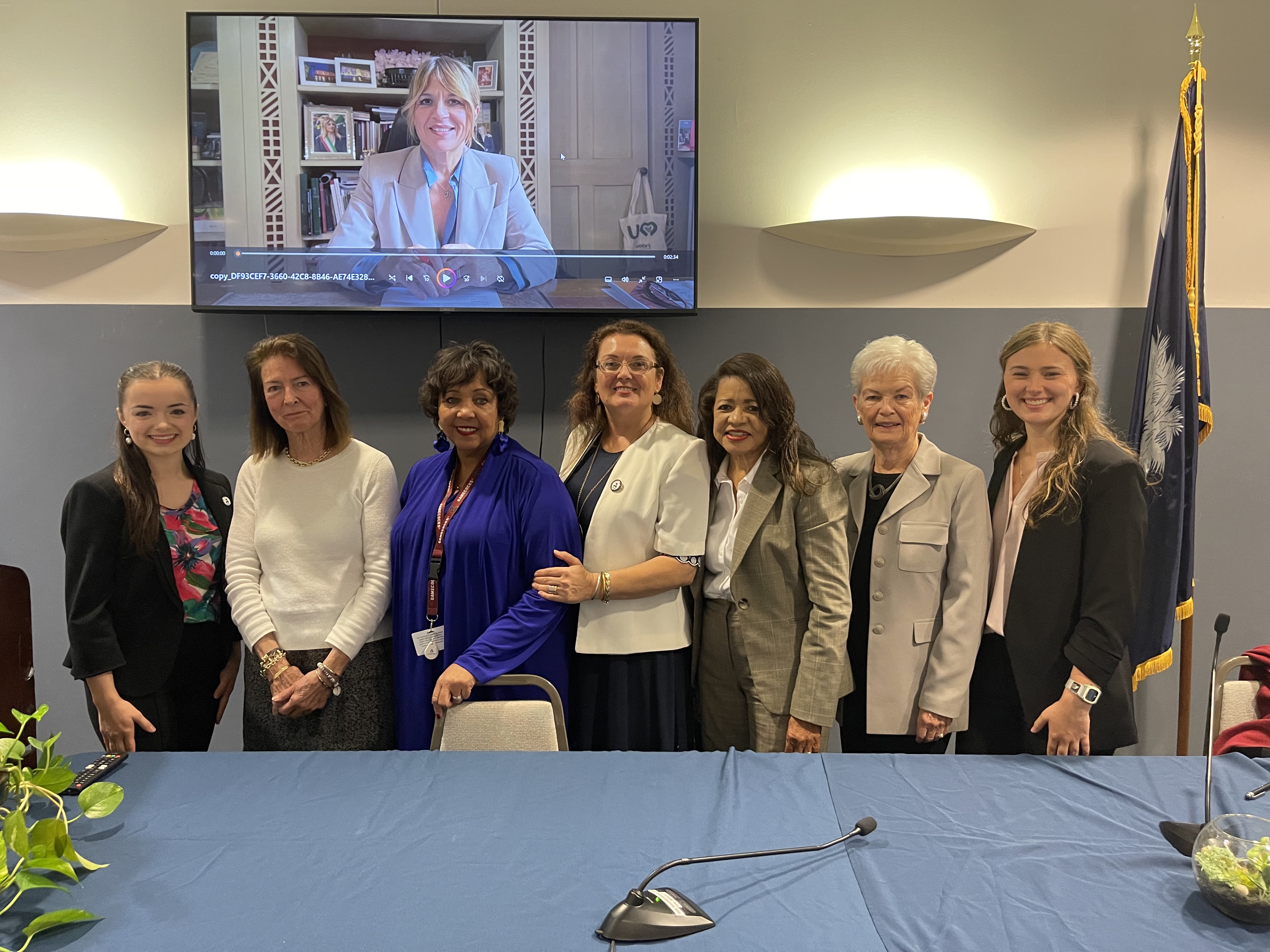 From left to right: Iris Nichols (Senior, Business Major), Teddy Milner (Mayor of Aiken), Gail Diggs (Aiken City Council), Dr. Sanela Porca (Director of the Pacer Center), Lessie Price (Aiken City Council), Kay Brohl (Aiken City Council), and Abigail Grover (Sophmore, Business Major)