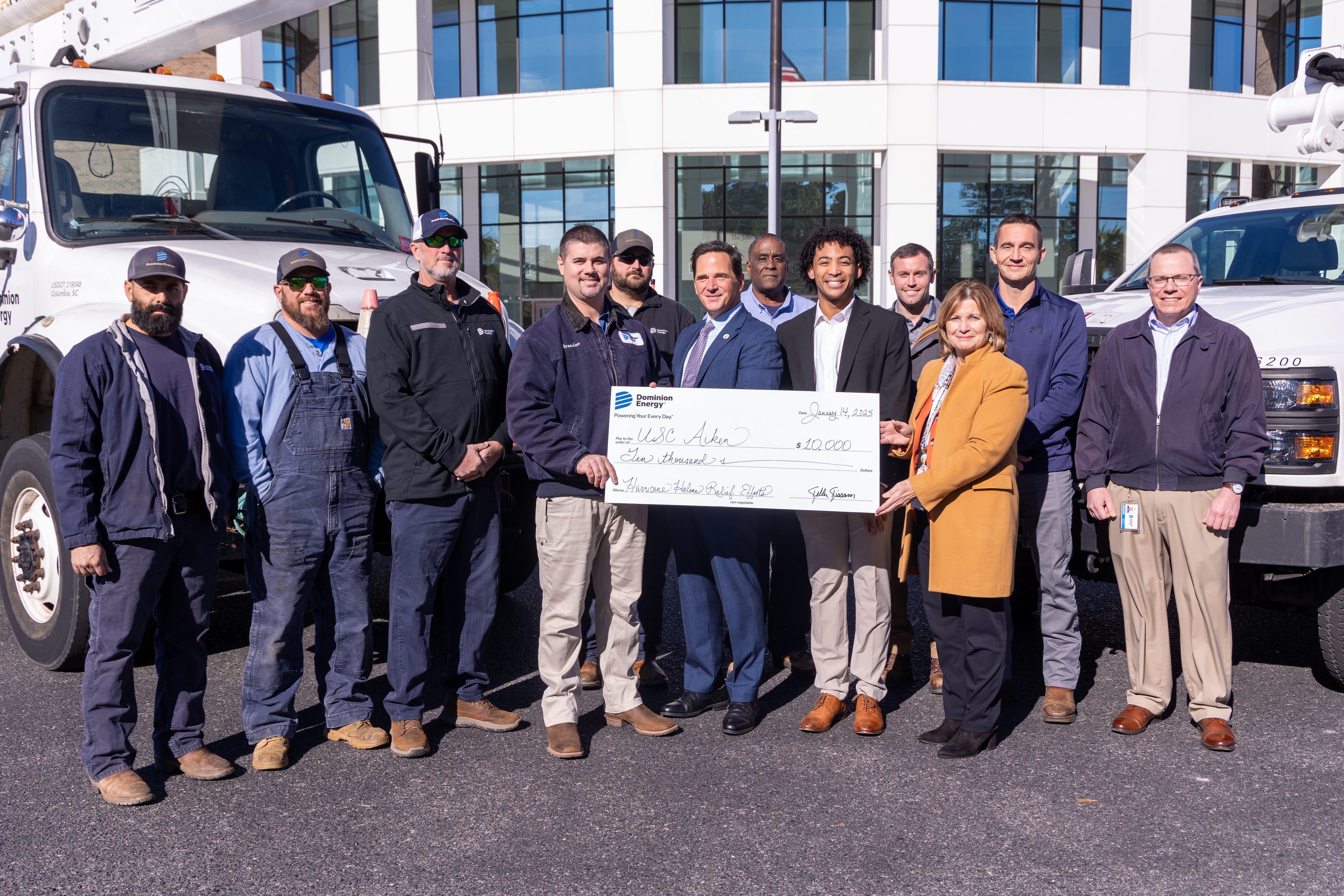 Dominion Energy donates $10,000 to USCA as a token of appreciation for the university's support in housing workers at the Convocation Center following Hurricane Helene.